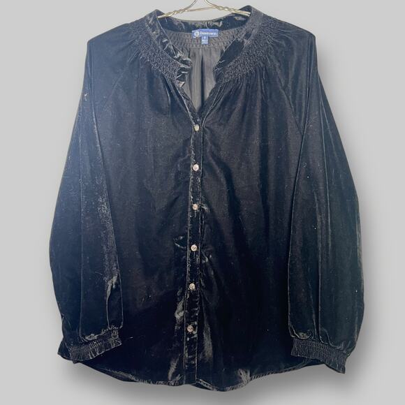 Democracy Sz Small Black Velvet Smock Neck Blouse Top Long Sleeves Holiday Party - Picture 1 of 9